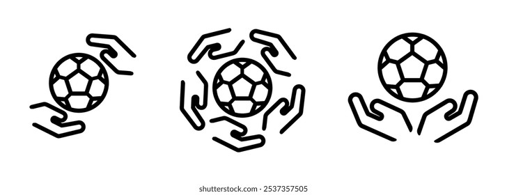 soccer hand with ball icon set illustration line outline stroke symbol of football team tournament collaboration league