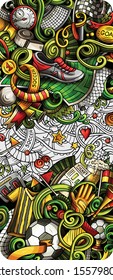 Soccer hand drawn doodle banner. Cartoon detailed illustrations. Football identity with objects and symbols. Color vector design elements background