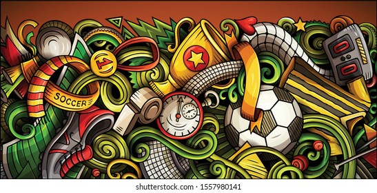 Soccer hand drawn doodle banner. Cartoon detailed illustrations. Football identity with objects and symbols. Color vector design elements background