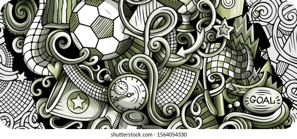 Soccer hand drawn doodle banner. Cartoon detailed illustrations. Football identity with objects and symbols. Graphics vector design elements background