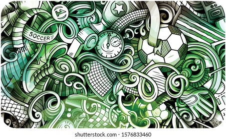 Soccer hand drawn doodle banner. Cartoon detailed illustrations. Football identity with objects and symbols. Graphics vector design elements background