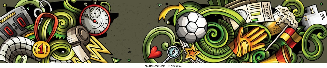 Soccer hand drawn doodle banner. Cartoon detailed illustrations. Football identity with objects and symbols. Color vector design elements background