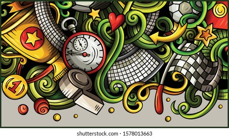 Soccer hand drawn doodle banner. Cartoon detailed illustrations. Football identity with objects and symbols. Color vector design elements background