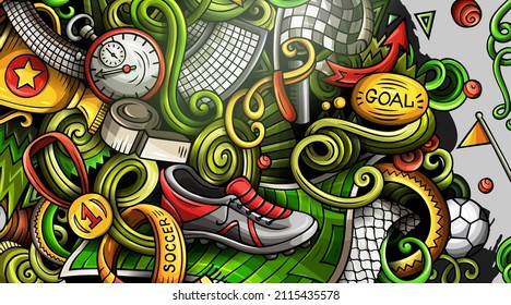 Soccer hand drawn doodle banner. Cartoon detailed illustrations. Football identity with objects and symbols. Color vector design elements background