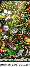 Soccer hand drawn doodle banner. Cartoon detailed illustrations. Football identity with objects and symbols. Color vector design elements background