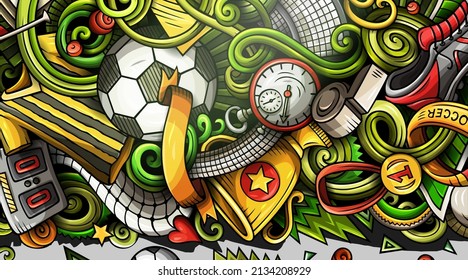 Soccer hand drawn doodle banner. Cartoon detailed illustrations. Football identity with objects and symbols. Color vector design elements background