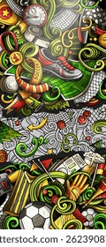 Soccer hand drawn doodle banner. Cartoon detailed illustrations. Football identity with objects and symbols. Color vector design elements background