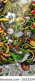 Soccer hand drawn doodle banner. Cartoon detailed illustrations. Football identity with objects and symbols. Color vector design elements background