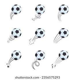 Soccer hit. Moving football balls to goal logo badges, flying ball speed flight shot effect, footballs power kick motions speedsoccer game matches vector illustration of competition tournament ball