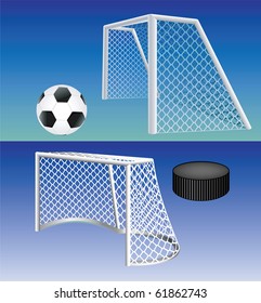 Soccer and hockey goals high detailed with ball and puck. Vector illustration.