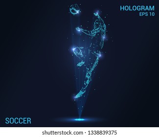 Soccer hologram. Digital and technological background of football. A football player hits his head