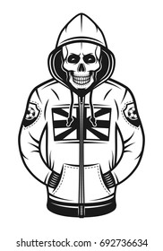 Soccer hooligan skull in hoodie with british flag print on chest vector illustration in monochrome vintage style isolated on white background