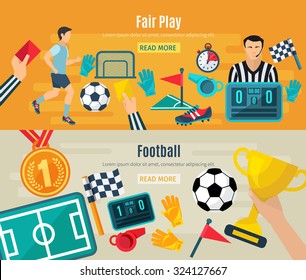 Soccer horizontal banner set with fair football play elements isolated vector illustration