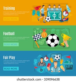 Soccer horizontal banner set with football training flat elements isolated vector illustration