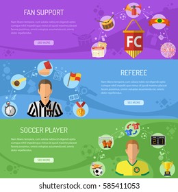 Soccer horizontal banners set with flat icons referee, championship, player and trophy. vector illustration