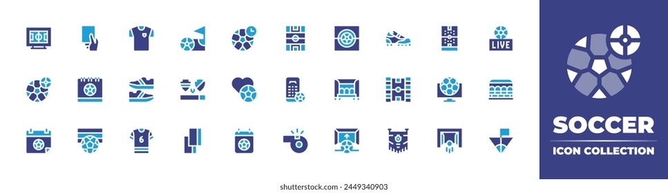 Soccer icon collection. Duotone color. Vector illustration. Containing tshirt, soccer field, soccer, shoes, football, whistle, calendar, bench, red card, football shoes, possesion, card.