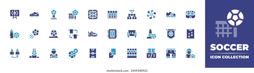 Soccer icon collection. Duotone color. Vector illustration. Containing tactics, training, stadium, football, soccer, soccer field, seat, football player, field, boot, football boots, footwear, podium.