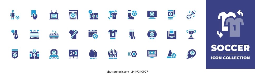 Soccer icon collection. Duotone color. Vector illustration. Containing football uniform, soccer ball, scoreboard, socks, soccer, goal, yellow card, trophy, red card, training, football ball, badge.