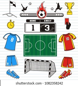 Soccer icon. Football elements and play field, scoreboard. Match Infographic. 