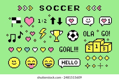 Soccer icon pack. Pixels elements set. Smile. Football. Y2k trendy playful pixels stickers. Mood of 90's aesthetics. 8-bit retro style vector illustration. Funny colored. Simple geometric form