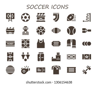 soccer icon set. 30 filled soccer icons.  Collection Of - Tactics, Ball, Stadium, Juventus, Rugby ball, Football, Player, Soccer ball, Rugby, Competition, Ticket, Football field
