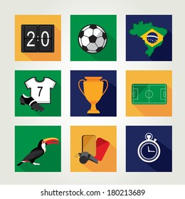 Soccer icon set.  Brazil summer world game. Flat design. Vector illustration.