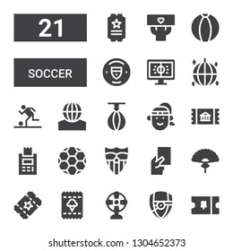 soccer icon set. Collection of 21 filled soccer icons included Ticket, Arsenal, Fan, Red card, Sevilla, Ball, Athlete, Punching ball, Football, Manchester city, Fans