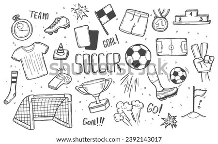 Soccer icon set in doodle style isolated on white background. Football concept sketch set in vector