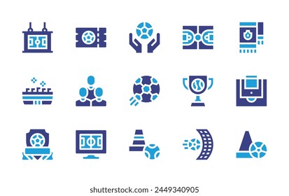 Soccer icon set. Duotone color. Vector illustration. Containing football field, goal, soccer, soccer ball, soccer game, training, trophy, badge, football team, table football, ticket, stadium, penalty
