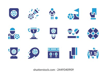 Soccer icon set. Duotone color. Vector illustration. Containing soccer ball, football badge, trophy, soccer, football player, soccer player, score board, player change, possesion, card, corner.