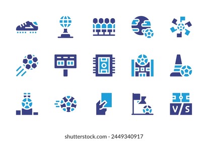 Soccer icon set. Duotone color. Vector illustration. Containing training, soccer, boot, corner, podium, vs, trophy, world cup, scoreboard, red card, seats, foosball, ball.