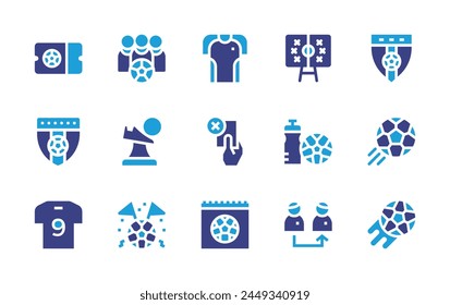 Soccer icon set. Duotone color. Vector illustration. Containing football, tactics, defensive wall, soccer jersey, badge, soccer, ticket, shot, boot, transfer, calendar, red card, tshirt, water bottle.