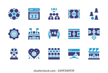 Soccer icon set. Duotone color. Vector illustration. Containing soccer, sport, stadium, seat, soccer ball, soccer field, football field, add time, live streaming, favourite.