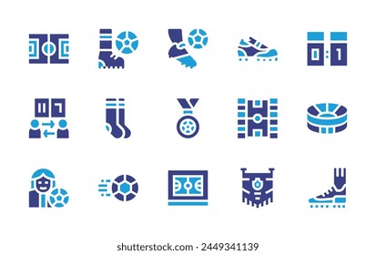 Soccer icon set. Duotone color. Vector illustration. Containing soccer, field, socks, score board, basketball, ball, football, football shoes, player substitution, player.