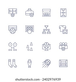 Soccer icon set. Thin line icon. Editable stroke. Containing football, sport, vs, socks, sport bag, soccer, soccer world cup, goal, soccer field, defensive wall, bench.