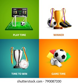 Soccer icons concept with game time, play equipment, winner trophies isolated on bright background vector illustration