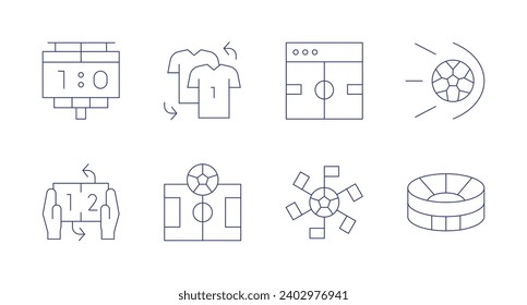 Soccer icons. Editable stroke. Containing scoreboard, shirt, player change, football, soccer, shot, football field.