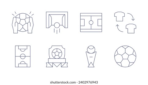 Soccer icons. Editable stroke. Containing goalie, badge, soccer, soccer field, soccer world cup, player, ball.