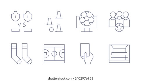 Soccer icons. Editable stroke. Containing vs, socks, soccer, football field, defensive wall, red card, bench.