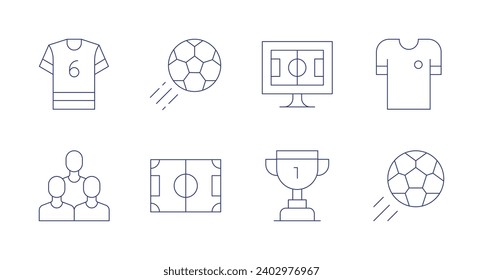 Soccer icons. Editable stroke. Containing football, tshirt, football team, soccer game, soccer field, trophy, football jersey.