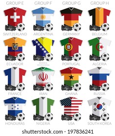 soccer icons with flag shirts, football boots and balls isolated on white, with transparencies.