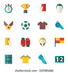 Soccer icons flat set with football layer ball field cup isolated vector illustration