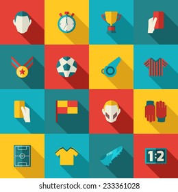 Soccer icons flat set with football trophy stadium championship isolated vector illustration