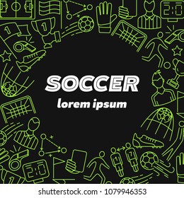 Soccer icons in Frame. Soccer concept banner. Sport accessories collection for info graphics, websites and print media. Vector illustration in line style. Editable stroke