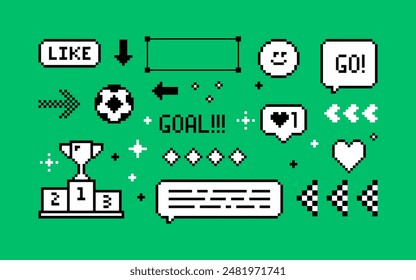 Soccer icons. Pixel art elements set. Football text messages. Y2k trendy playful pixels stickers. Mood of 90's aesthetics. 8-bit retro style vector illustration. Simple geometric form. Green