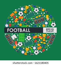 Soccer icons in round frame composition, vector illustration. Flat style emblems, symbols of football championship. Isolated icons of soccer match game, ball, trophy, medal and whistle. Sport contest