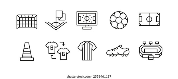 Iconos de fútbol. Conjunto de 10 iconos mínimos de moda de fútbol. Bola, Campo, Tarjeta roja, Trofeo, Portero, Icono de la bola llameante. Signos de diseño para la página de Web, App móvil, diseño de embalaje. Ilustración vectorial