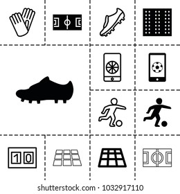 Soccer icons. set of 13 editable filled and outline soccer icons such as field, dance floor, football pitch, football on phone, soccer trainers, football player, gloves