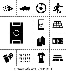 Soccer icons. set of 13 editable filled soccer icons such as gloves, dance floor, football pitch, football ball, soccer trainers, fotball