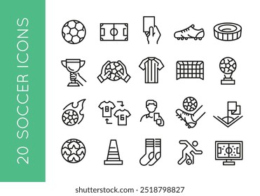 Iconos de fútbol. Conjunto de 20 iconos mínimos de moda de fútbol. Bola, Campo, Tarjeta roja, Trofeo, Portero, Icono de la bola llameante. Signos de diseño para la página de Web, App móvil, diseño de embalaje. Ilustración vectorial